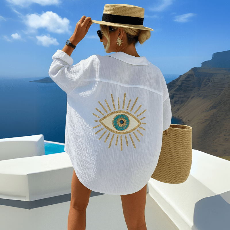 Iridessa | Trendy Bohemian Summer Tunic Shirt with Eye Embroidery Detail