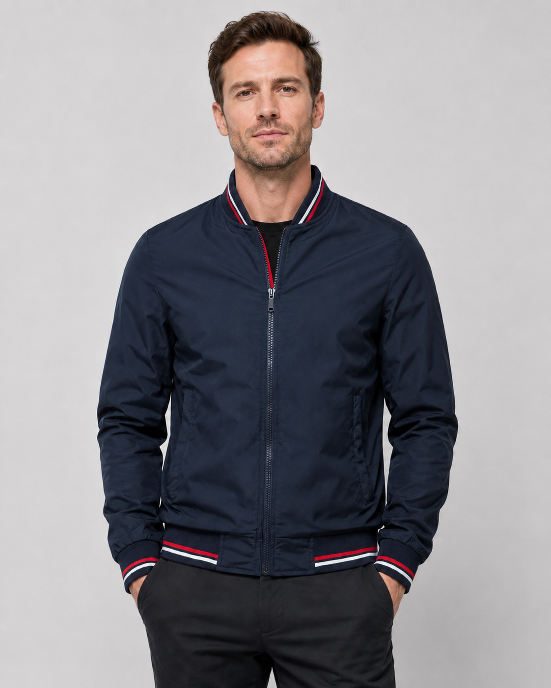 Men's Bomber Jacket - Lightweight Ribbed Trim