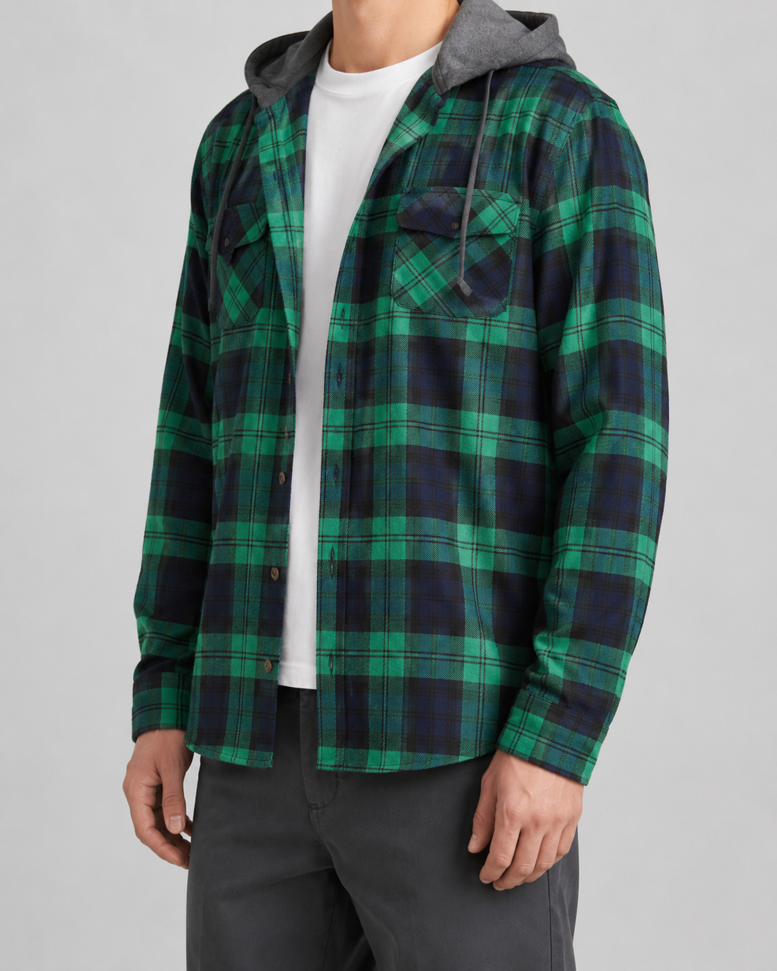 Men's Check Overshirt - Hooded Relaxed Fit
