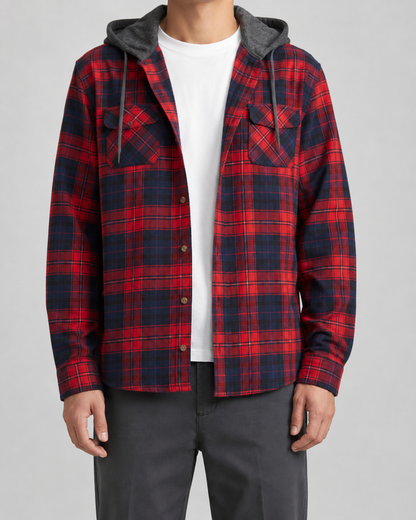 Men's Check Overshirt - Hooded Relaxed Fit