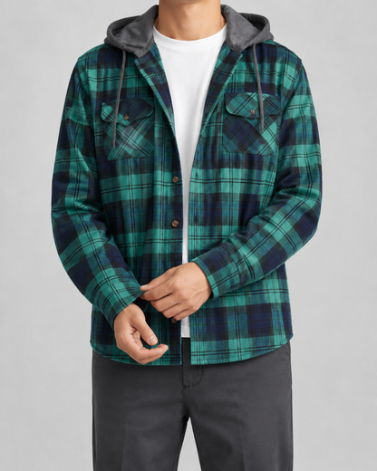 Men's Check Overshirt - Hooded Relaxed Fit