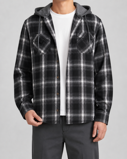 Men's Check Overshirt - Hooded Relaxed Fit