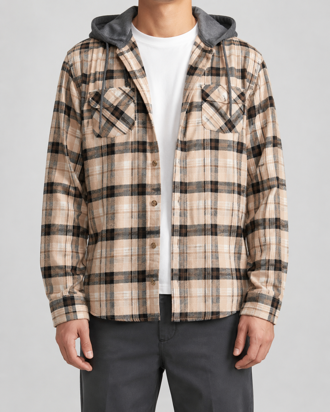 Men's Check Overshirt - Hooded Relaxed Fit