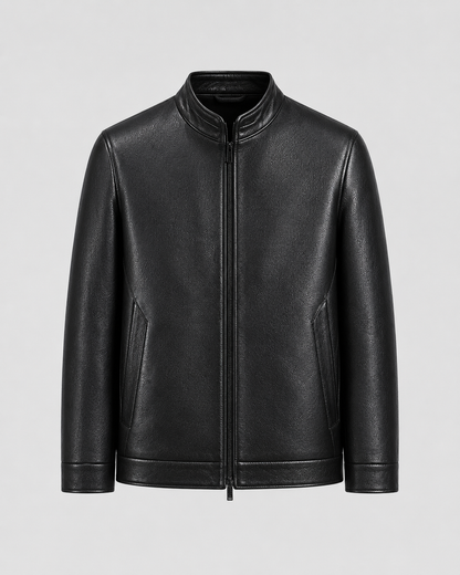 Men's Faux Leather Jacket - Stand Collar Zip Up