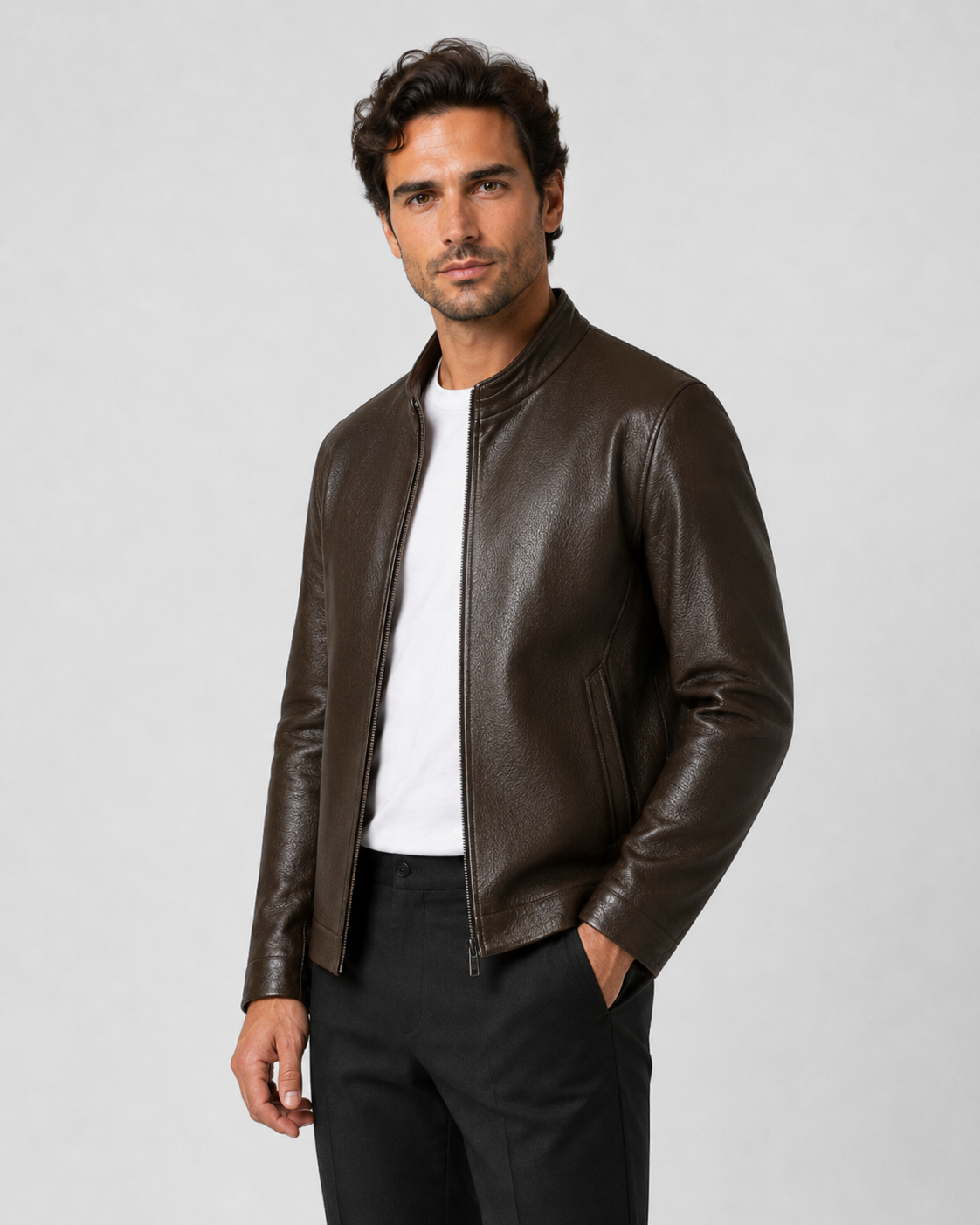 Men's Faux Leather Jacket - Stand Collar Zip Up