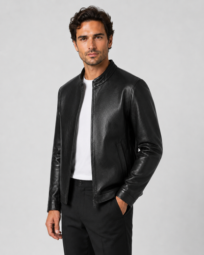 Men's Faux Leather Jacket - Stand Collar Zip Up