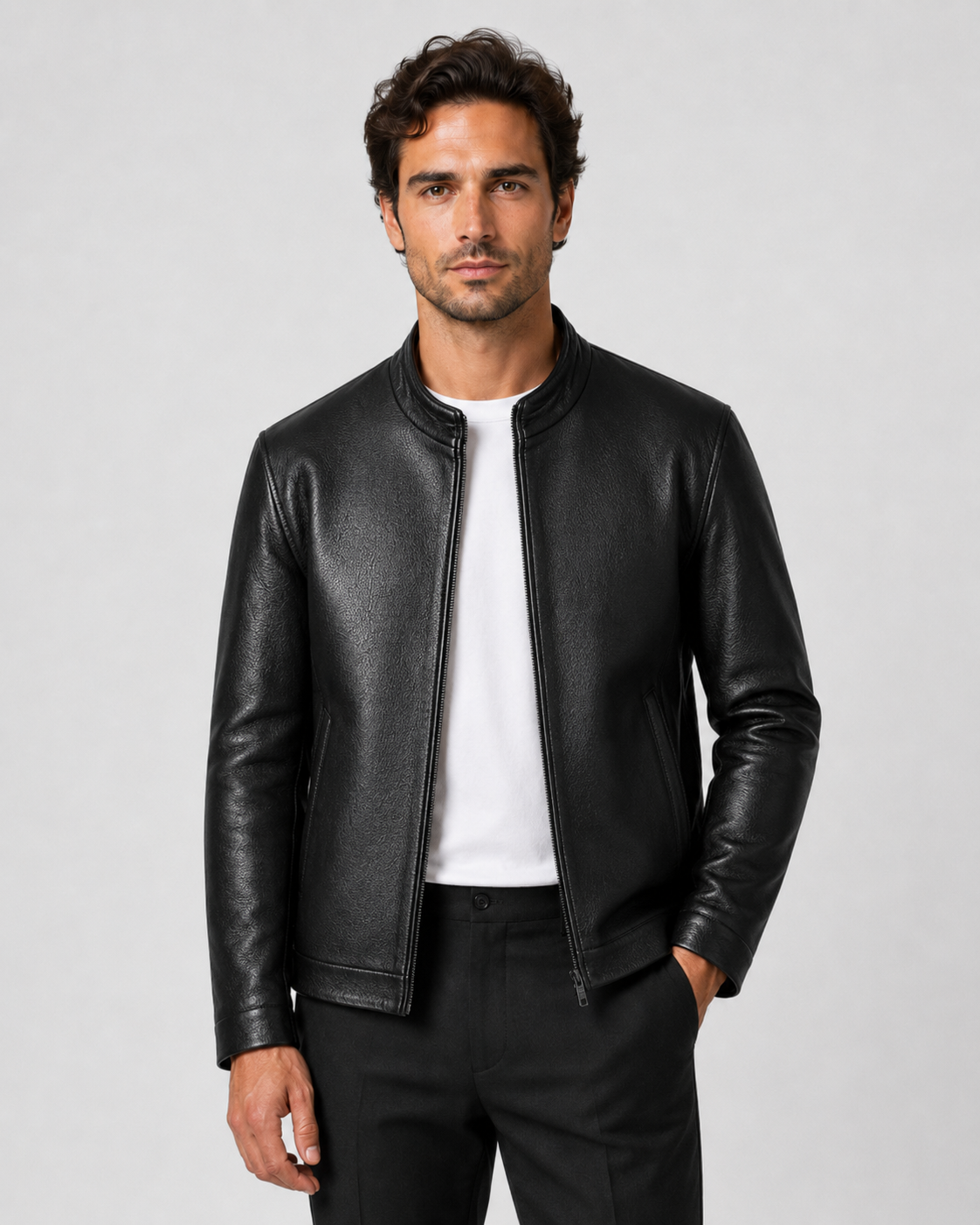 Men's Faux Leather Jacket - Stand Collar Zip Up