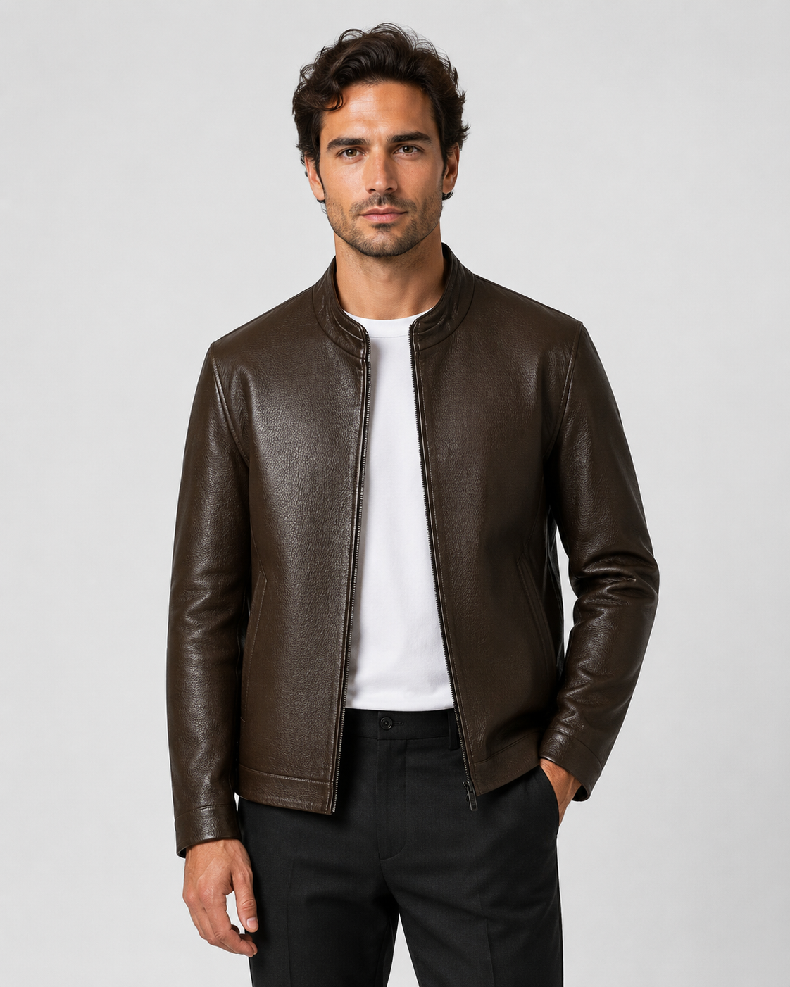 Men's Faux Leather Jacket - Stand Collar Zip Up