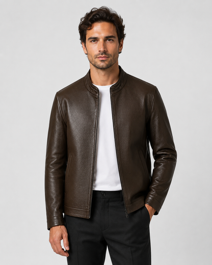 Men's Faux Leather Jacket - Stand Collar Zip Up