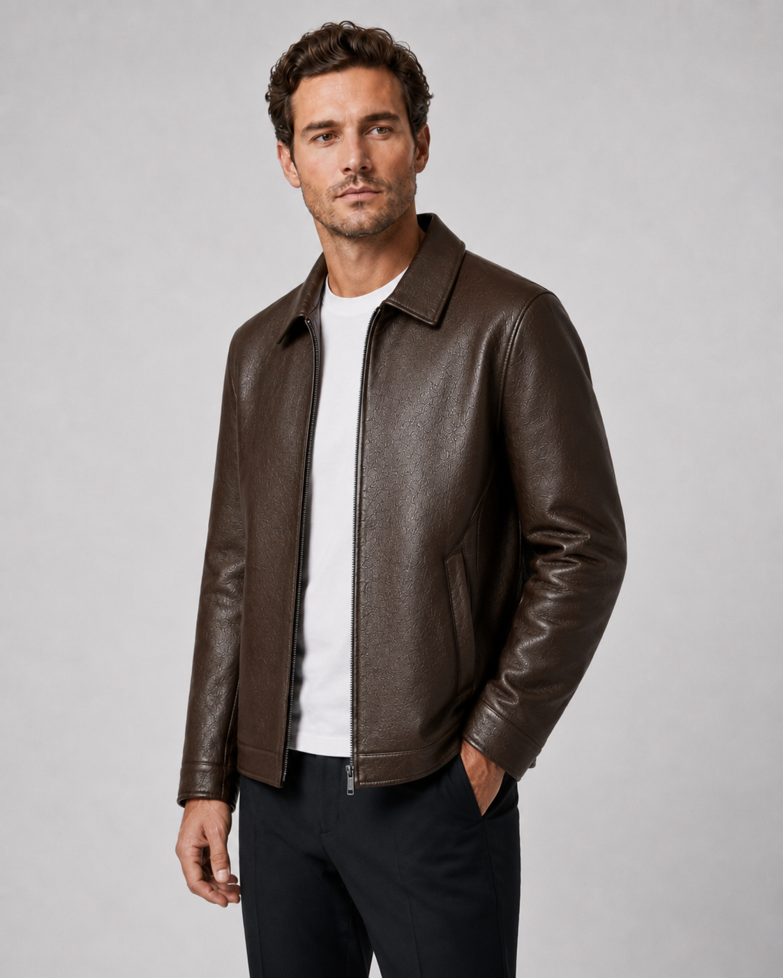 Men's Faux Leather Jacket - Zip Up Classic Collar