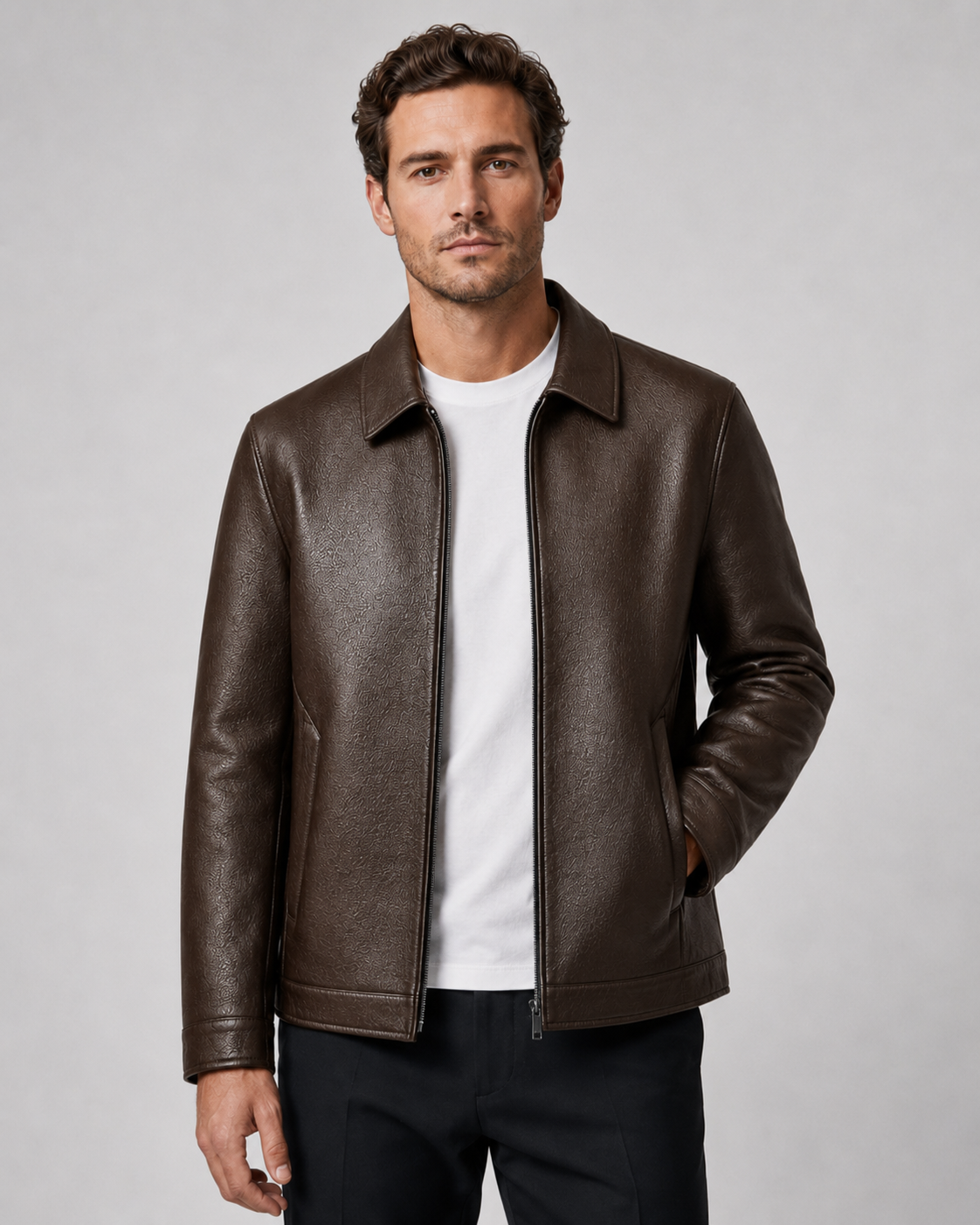 Men's Faux Leather Jacket - Zip Up Classic Collar