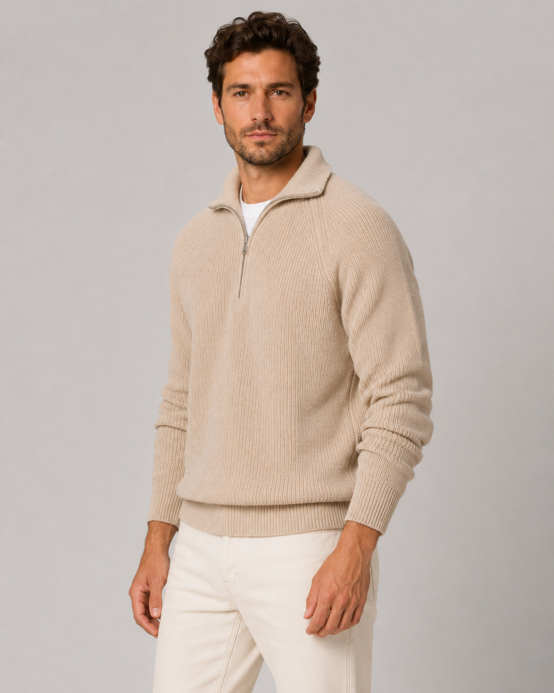 Men's Quarter Zip Sweater - Ribbed Knit Mock Neck Pullover