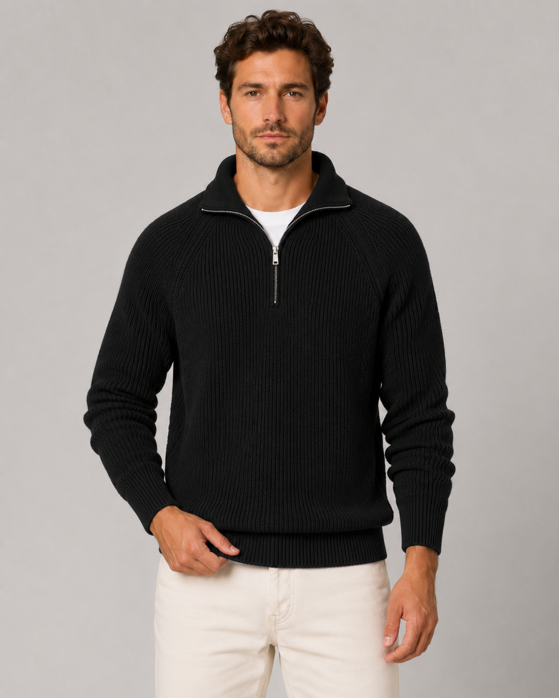 Men's Quarter Zip Sweater - Ribbed Knit Mock Neck Pullover