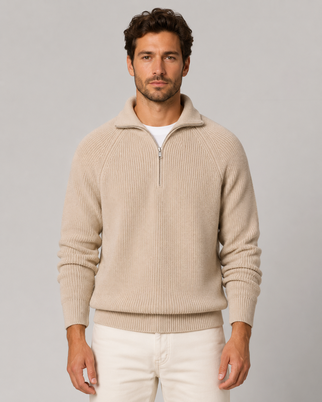 Men's Quarter Zip Sweater - Ribbed Knit Mock Neck Pullover