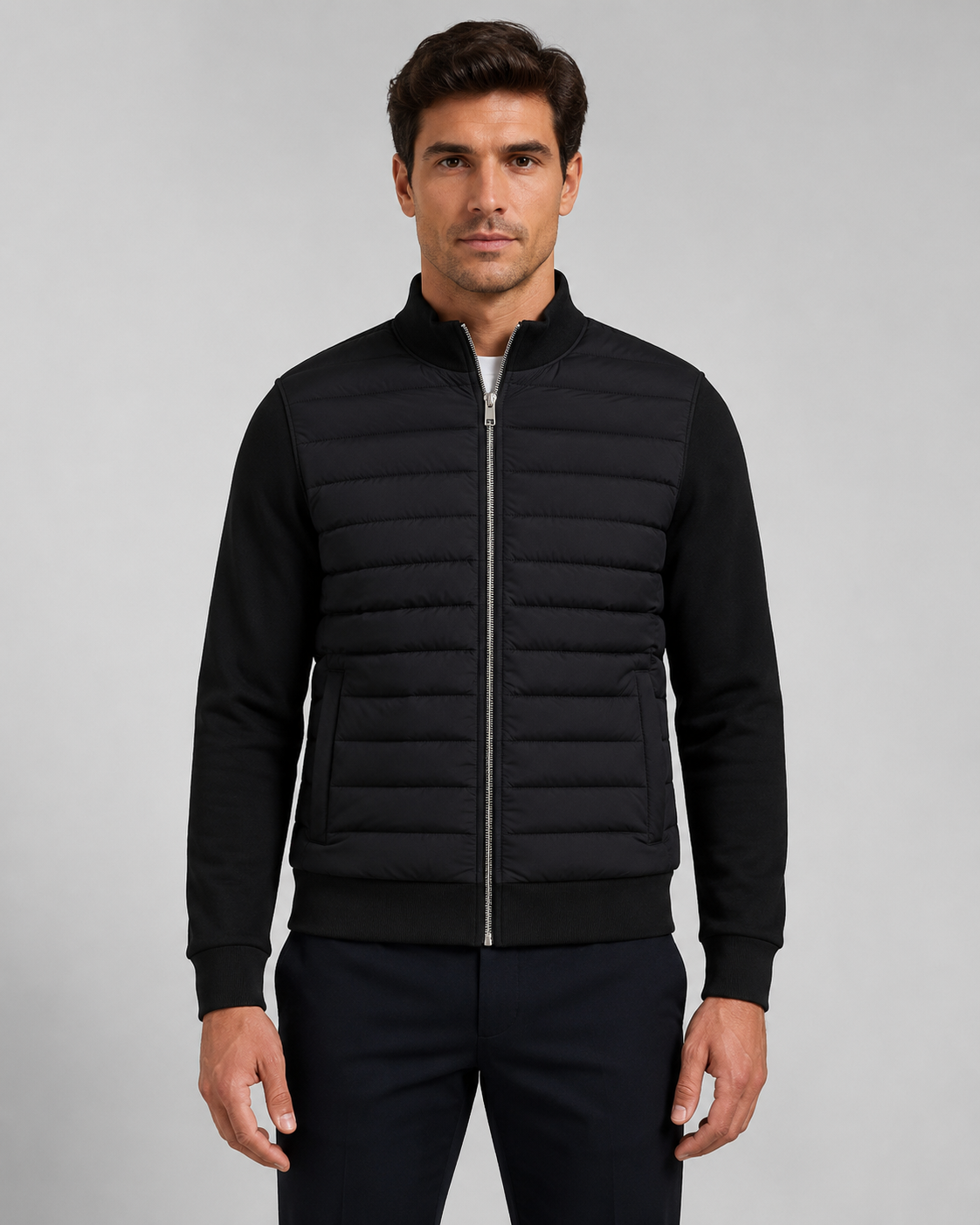 Men's Quilted Hybrid Jacket - Knit Sleeve Zip Up