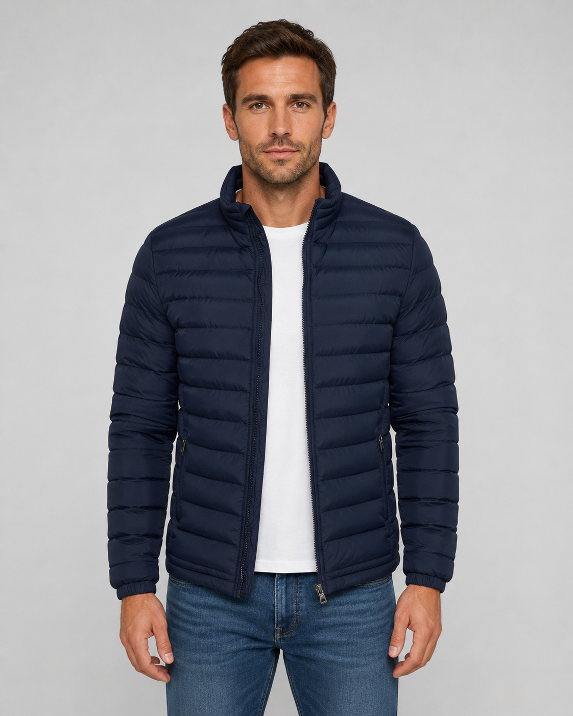 Men's Quilted Puffer Jacket - Stand Collar