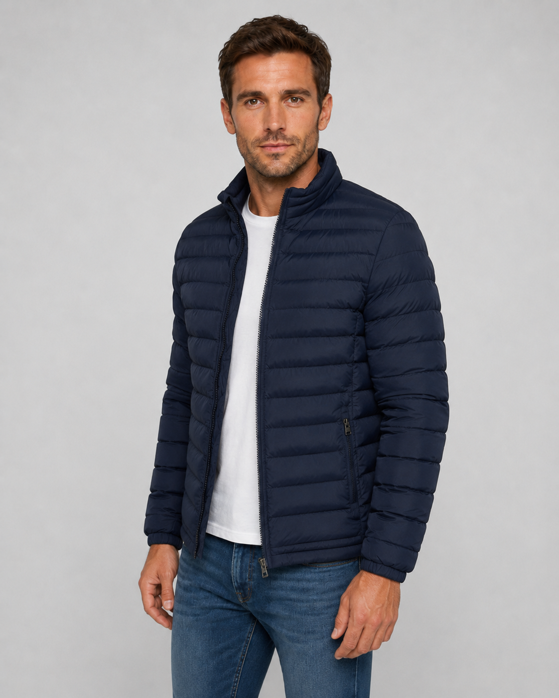 Men's Quilted Puffer Jacket - Stand Collar