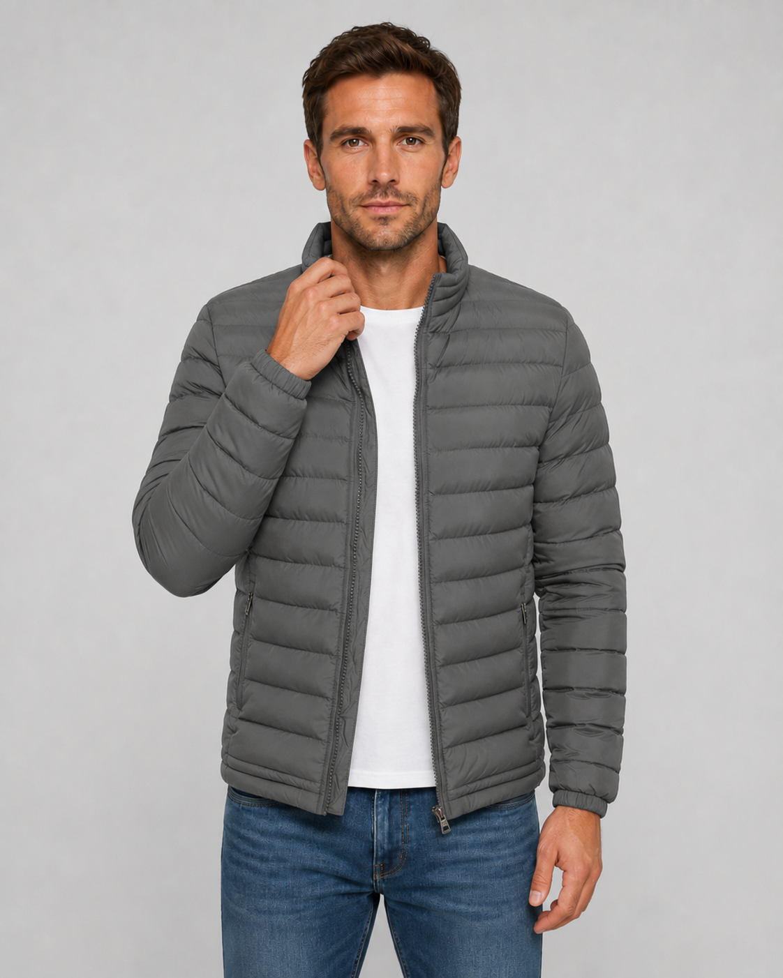 Men's Quilted Puffer Jacket - Stand Collar