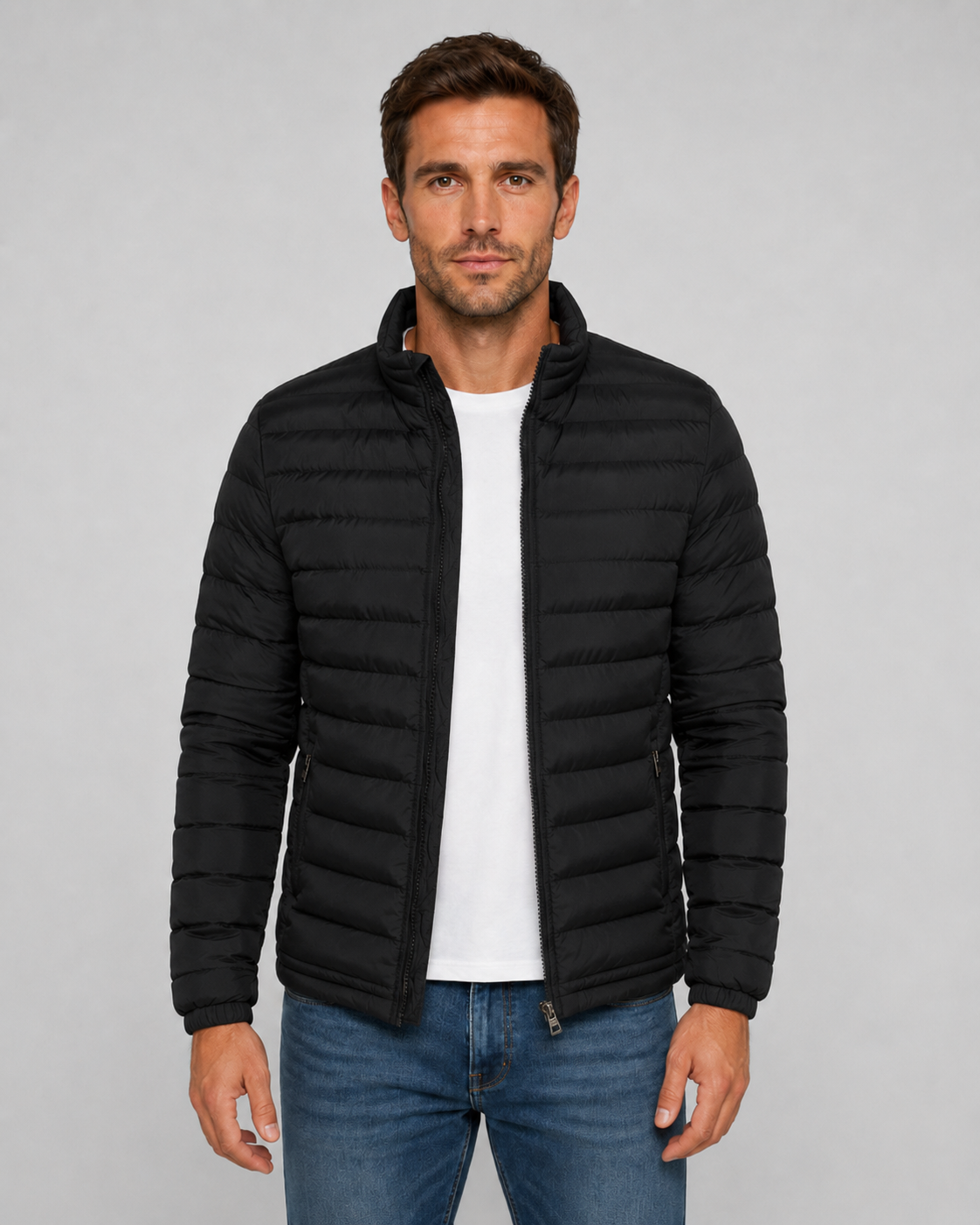 Men's Quilted Puffer Jacket - Stand Collar