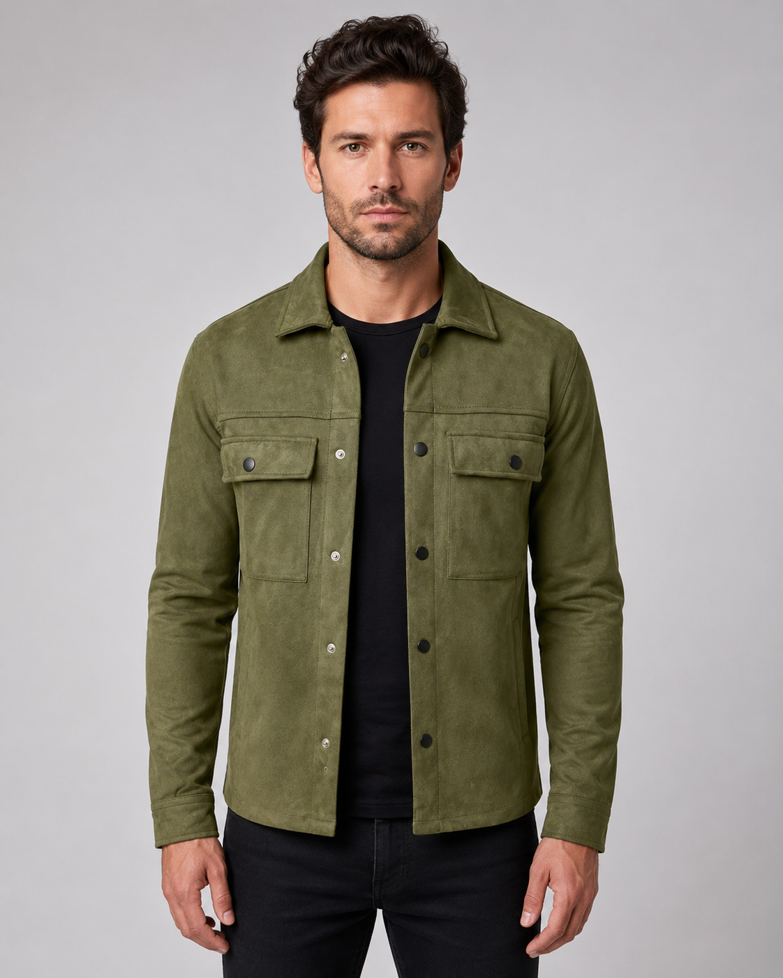Men's Suede Overshirt Jacket - Chest Pocket Detail