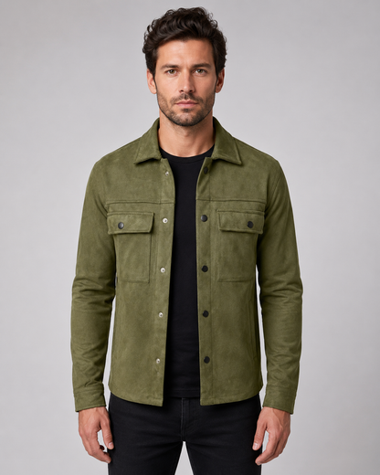 Men's Suede Overshirt Jacket - Chest Pocket Detail