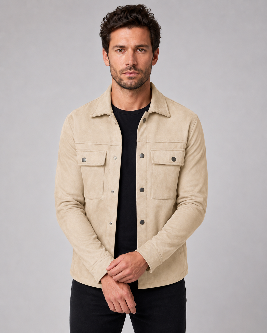 Men's Suede Overshirt Jacket - Chest Pocket Detail