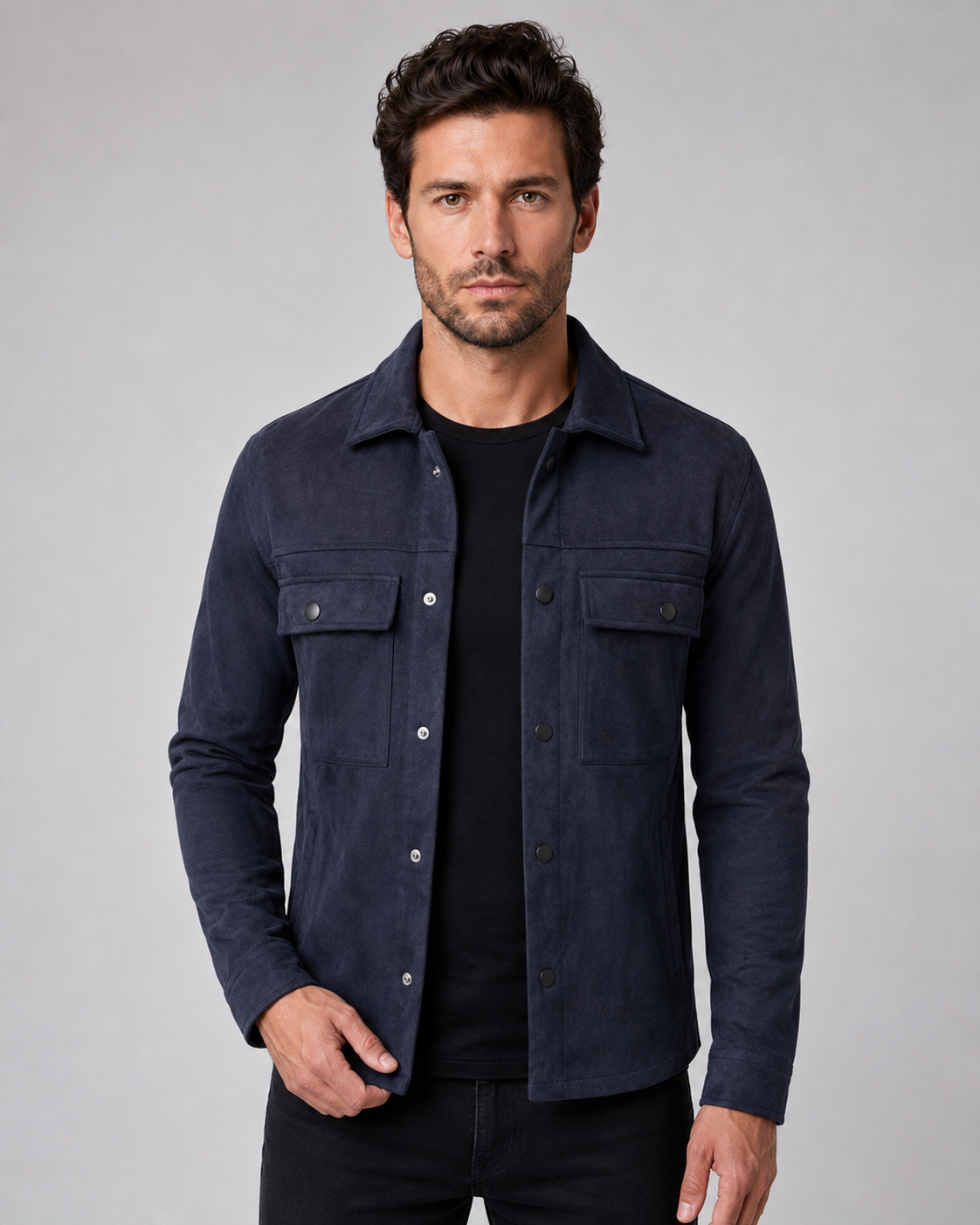 Men's Suede Overshirt Jacket - Chest Pocket Detail