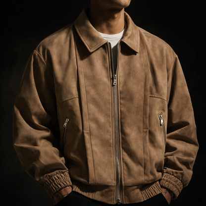 Men's Suede Bomber Jacket Oversized Casual Fall Jacket