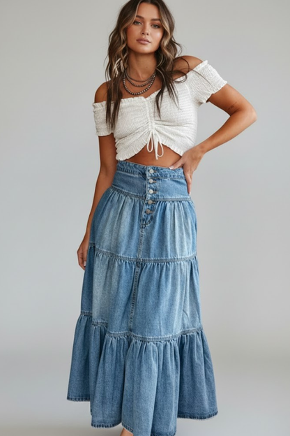 Waverly | Fashion Women's Layered Denim Maxi Skirt with Button Details
