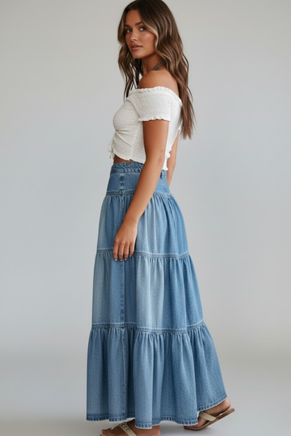 Waverly | Fashion Women's Layered Denim Maxi Skirt with Button Details
