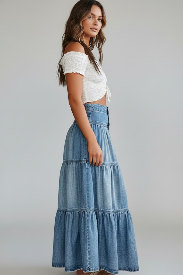Waverly | Fashion Women's Layered Denim Maxi Skirt with Button Details