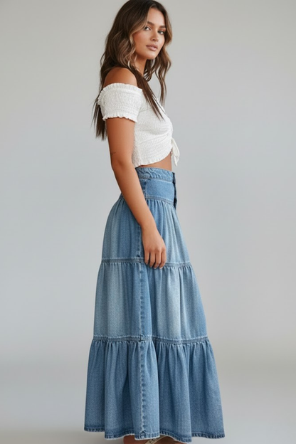 Waverly | Fashion Women's Layered Denim Maxi Skirt with Button Details