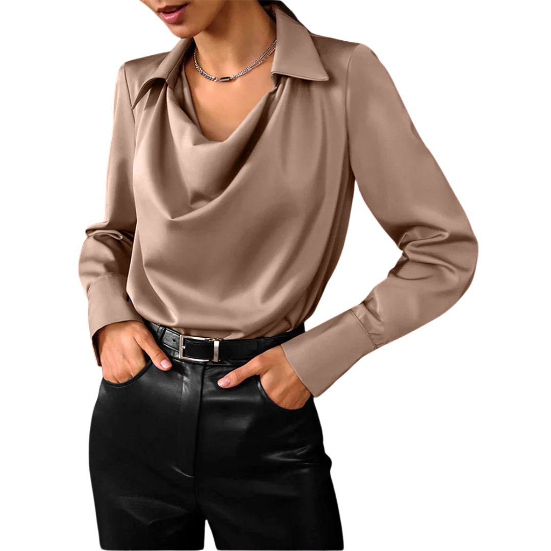 Raina | Classic Elegant Office Blouse with Long Sleeve Draped Neckline Design