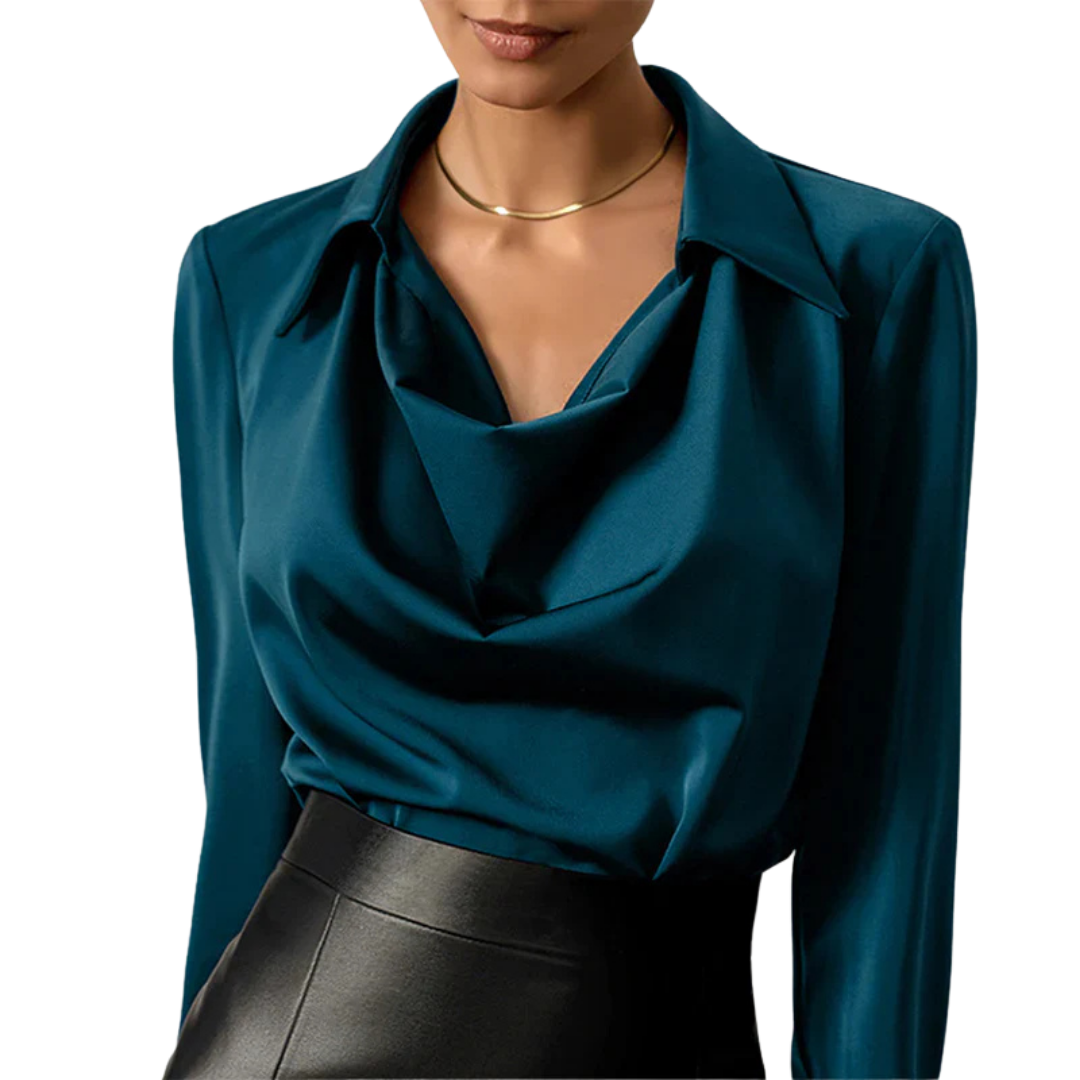 Raina | Classic Elegant Office Blouse with Long Sleeve Draped Neckline Design