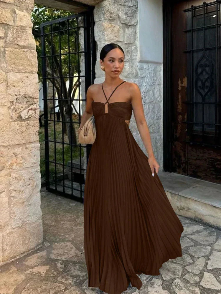 Farrah | Glamorous Halter Pleated Long Maxi Dress with Strappy Detail