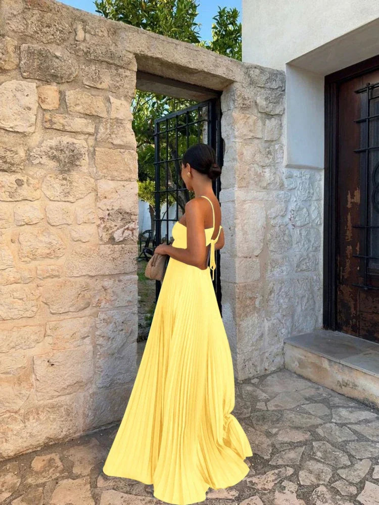 Farrah | Glamorous Halter Pleated Long Maxi Dress with Strappy Detail