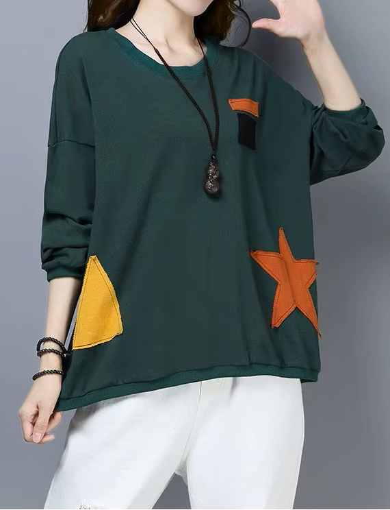 Women's Patchwork Cotton Sweatshirt – Loose Fit Tunic Top
