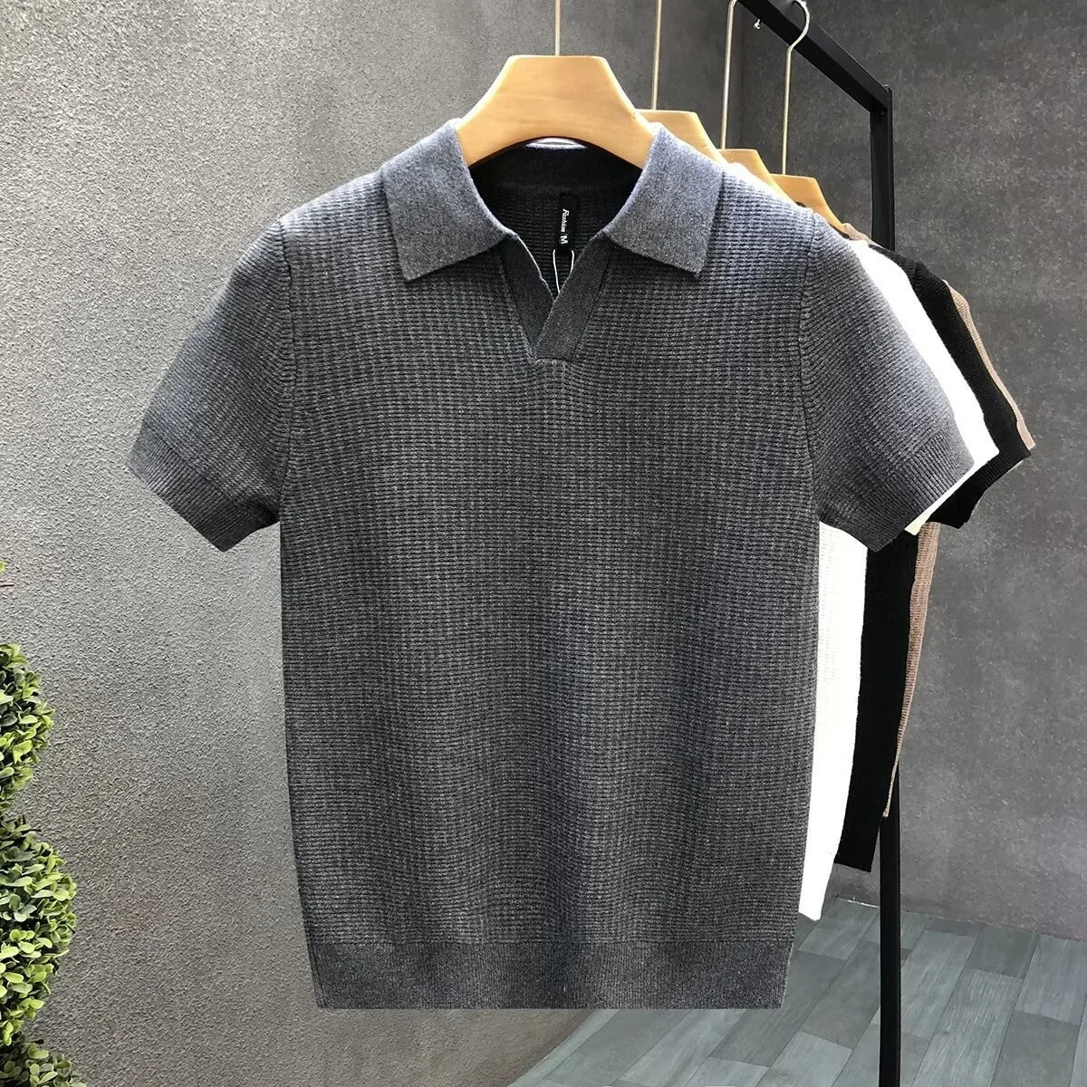 Men’s Knit Polo Shirt – Textured Short Sleeve Open Collar Polo