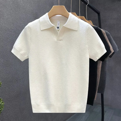 Men’s Knit Polo Shirt – Textured Short Sleeve Open Collar Polo