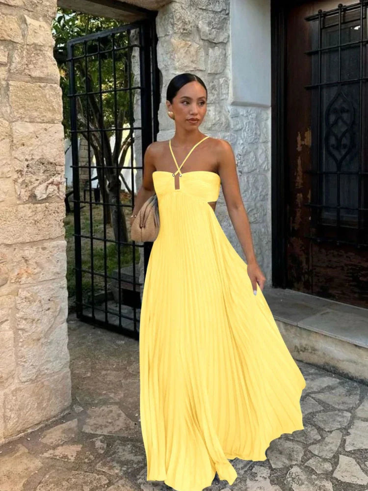 Farrah | Glamorous Halter Pleated Long Maxi Dress with Strappy Detail