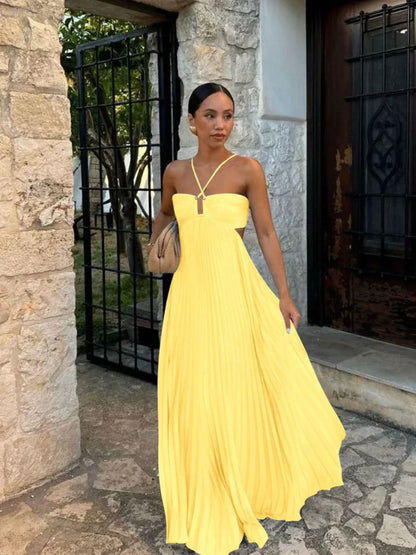 Farrah | Glamorous Halter Pleated Long Maxi Dress with Strappy Detail