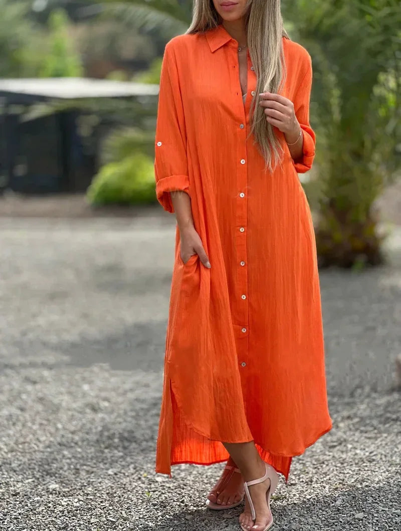 Ellison | Chic Collared Maxi Shirt Dress with Long Sleeve Design