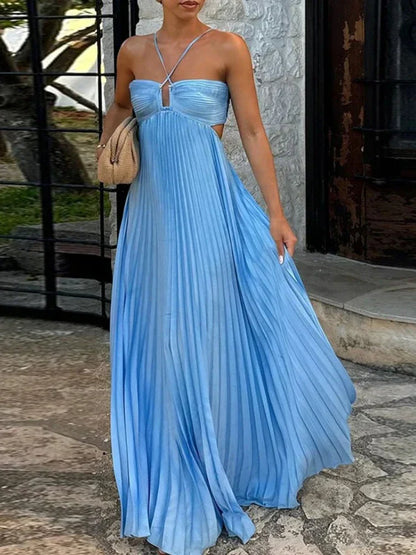 Farrah | Glamorous Halter Pleated Long Maxi Dress with Strappy Detail