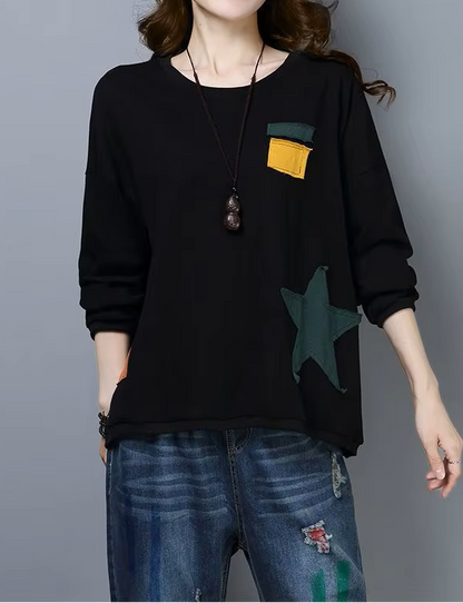 Women's Patchwork Cotton Sweatshirt – Loose Fit Tunic Top