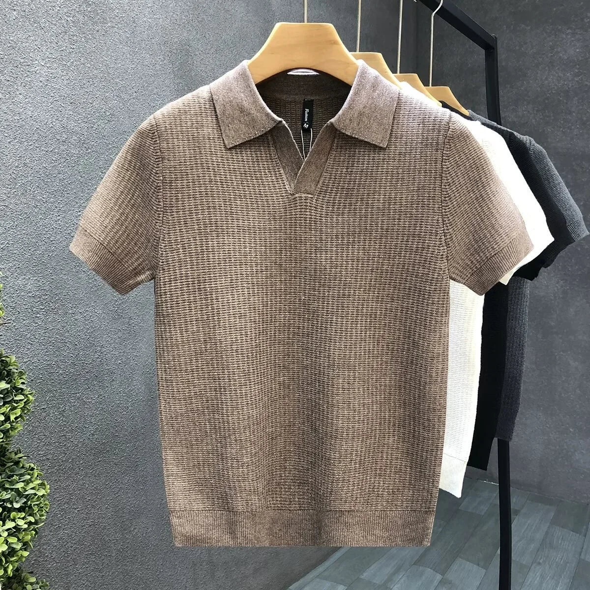 Men’s Knit Polo Shirt – Textured Short Sleeve Open Collar Polo