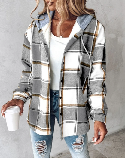 Women's Plaid Flannel Shacket - Hooded Shirt Jacket