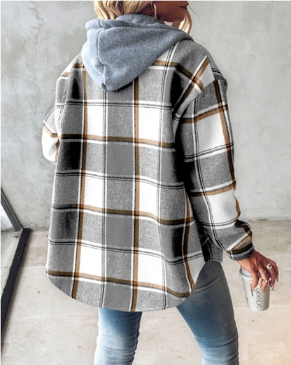 Women's Plaid Flannel Shacket - Hooded Shirt Jacket
