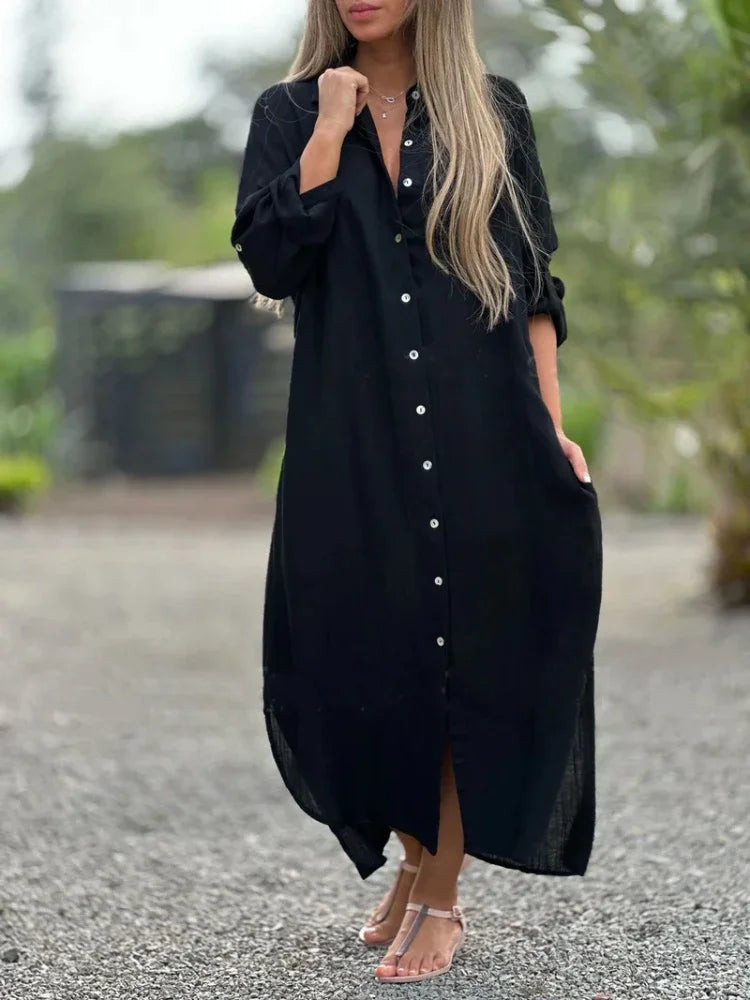 Ellison | Chic Collared Maxi Shirt Dress with Long Sleeve Design