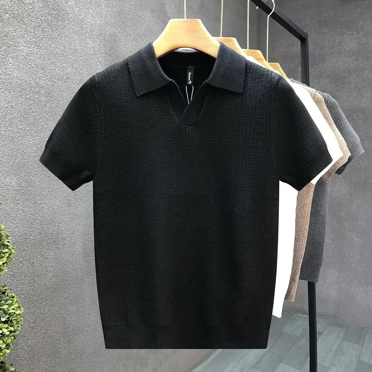 Men’s Knit Polo Shirt – Textured Short Sleeve Open Collar Polo