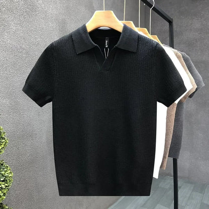 Men’s Knit Polo Shirt – Textured Short Sleeve Open Collar Polo